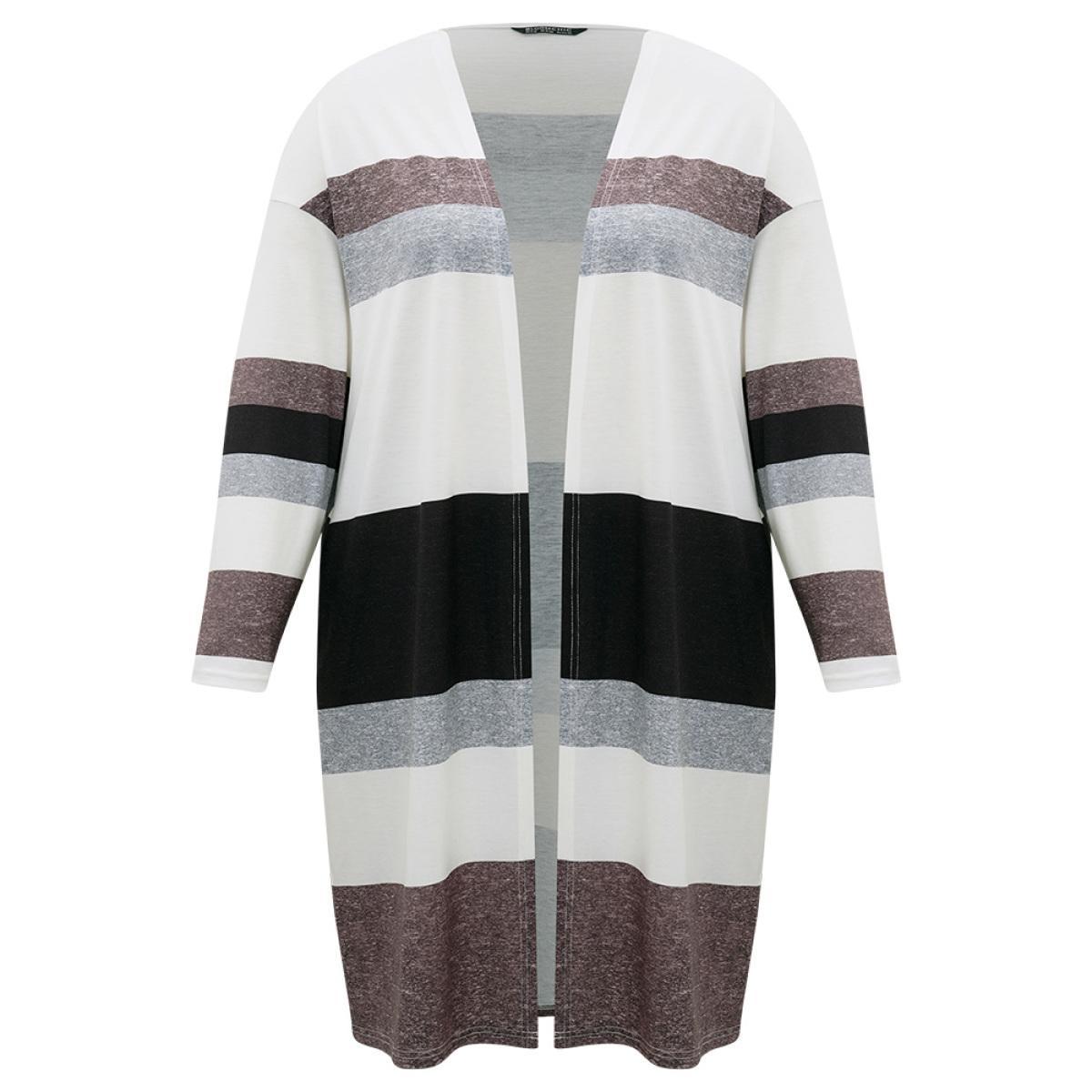 Plus Size Striped Contrast Pocket Open Front Kimono Women Multicolor Casual Contrast Loose Pocket Everyday Kimonos BloomChic 28/5X Product Image
