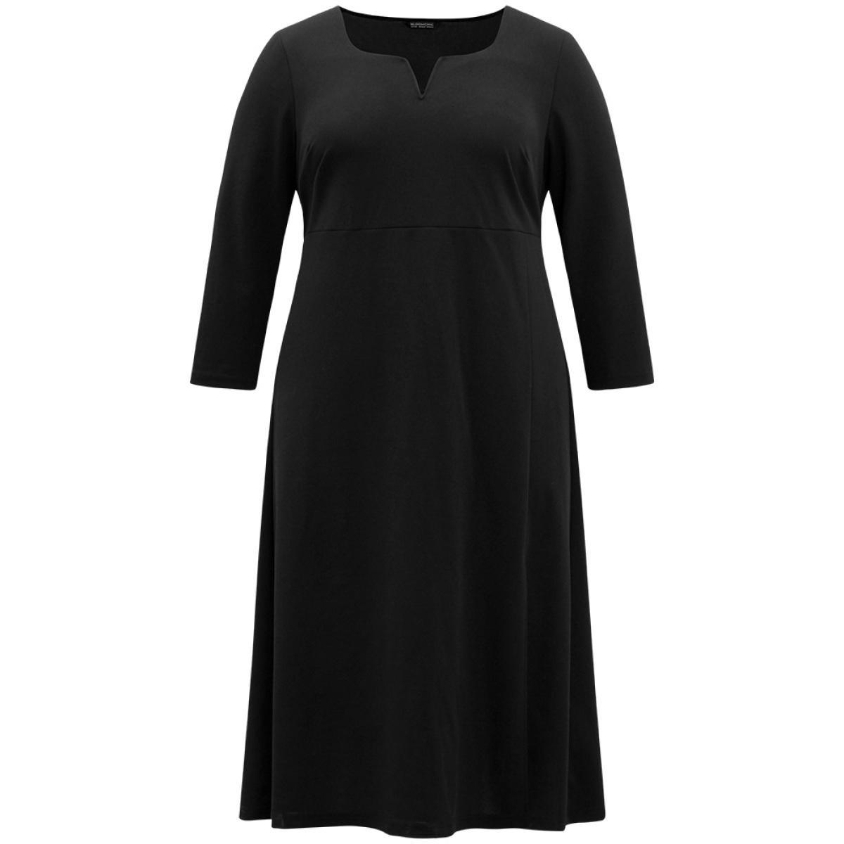 Plus Size Plain Notched Elastic Waist Split Hem Dress Black Women Glamour Plain Notched collar Long Sleeve Curvy Midi Dress BloomChic 26/4X Product Image