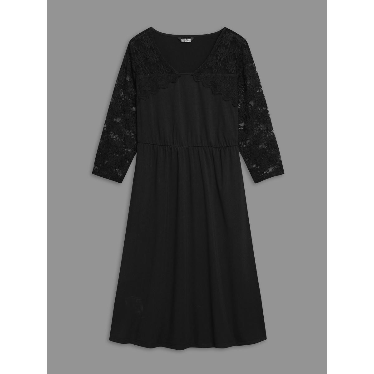 Plus Size Sheer Lace Sleeve Fit and Flare Midi Dress Black Women At the Office Woven ribbon&lace trim Asymmetrical Neck Elbow-length sleeve Curvy BloomChic 26/4X Product Image
