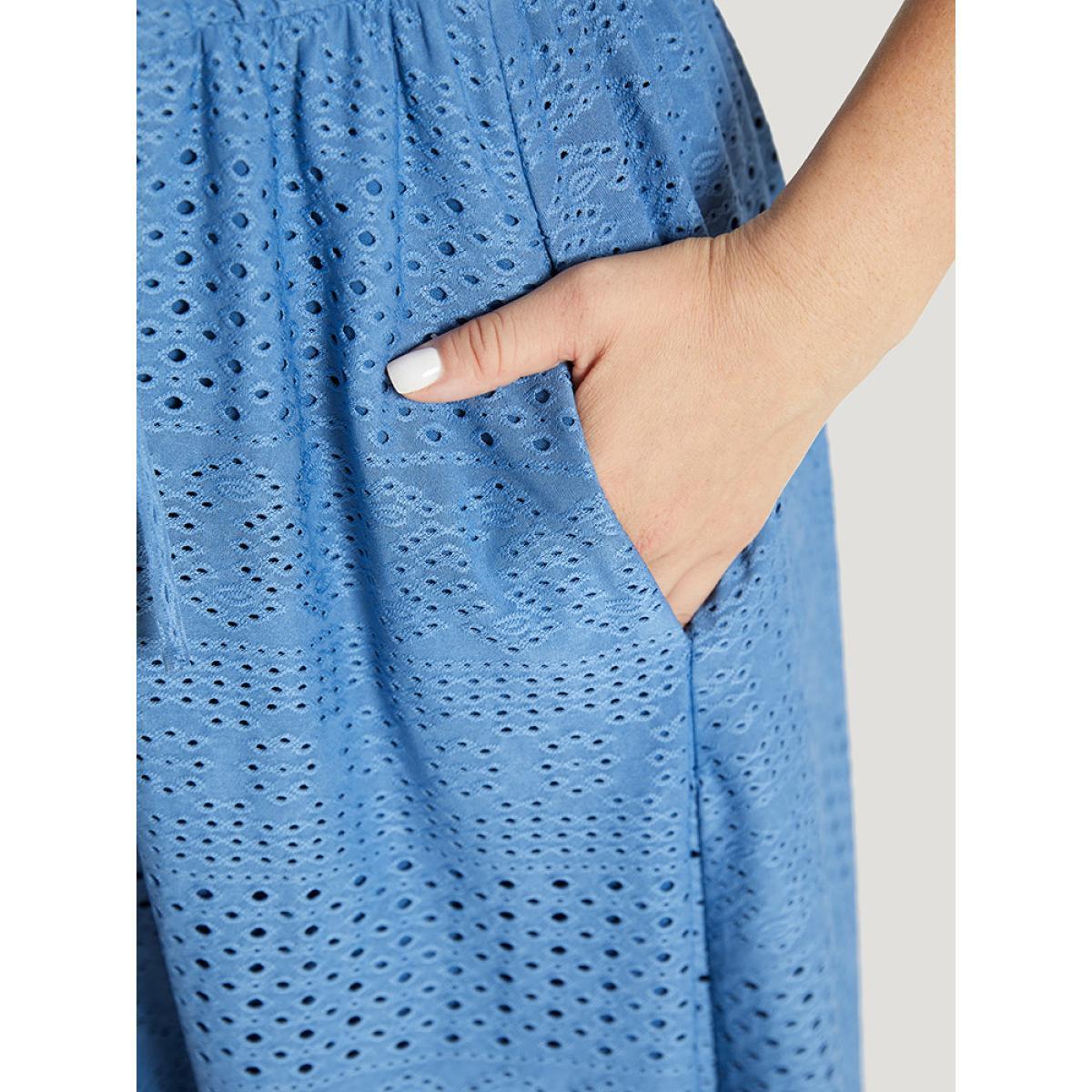 Plus Size Plain Pocket Ruffle Tie Neck Cap Sleeve Broderie Anglaise Dress Blue Women Elegant Lined Tie Neck Cap Sleeve Curvy Midi Dress BloomChic 26/4X Product Image