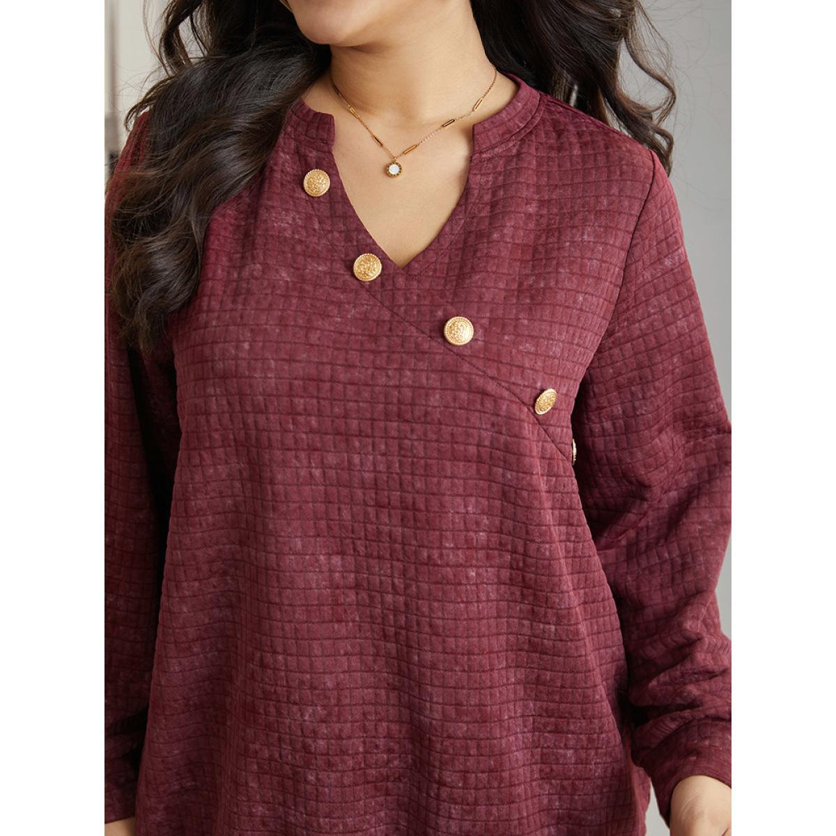 Plus Size Plain Textured Notched Button Detail Sweatshirt Women Burgundy Casual Texture Notched collar Dailywear Sweatshirts BloomChic 28/5X Product Image
