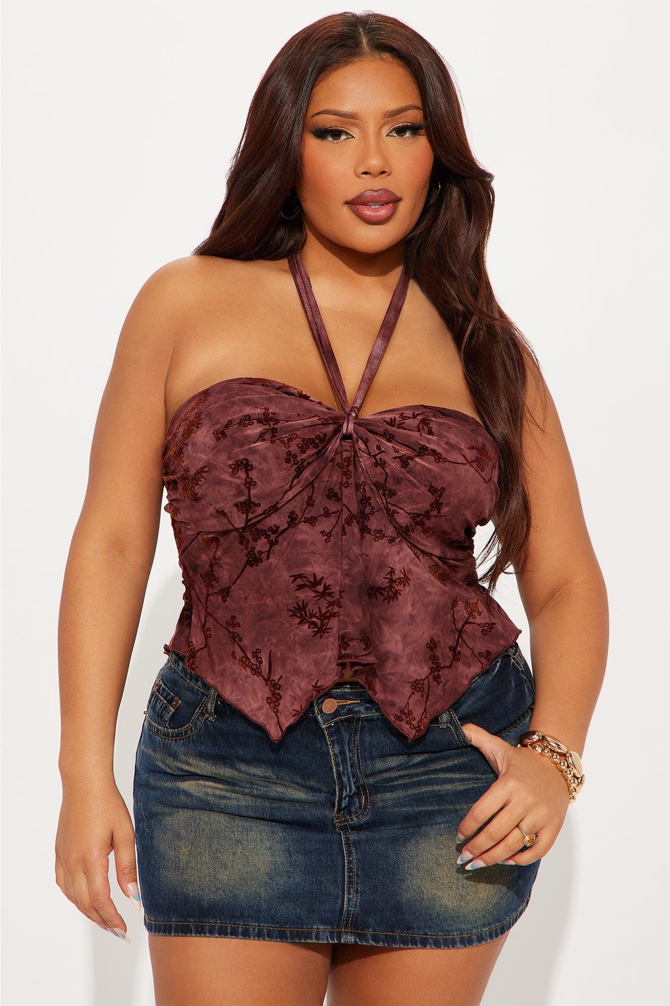 Erin Flocked Halter Top - Burgundy/combo Product Image