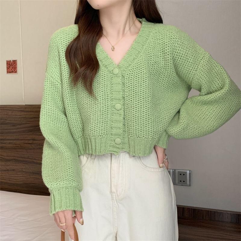 Puff-Sleeve V-Neck Plain Cropped Cardigan Product Image