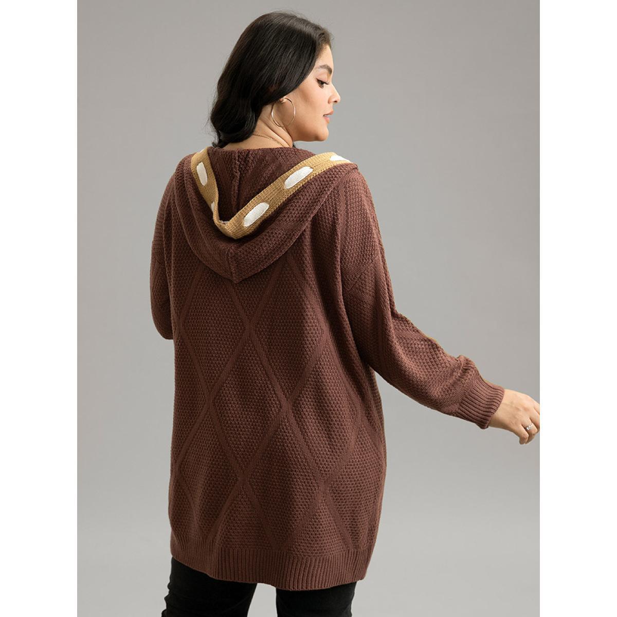 Plus Size Contrast Hooded Tunic Open Front Cardigan DarkBrown Women Casual Loose Long Sleeve Dailywear Cardigans BloomChic 18-20/2X Product Image