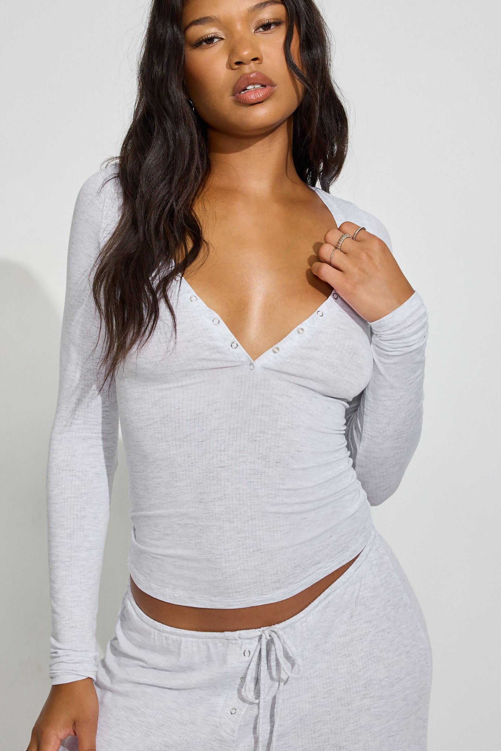 Sheer Ribbed Henley Long Sleeve Top Product Image