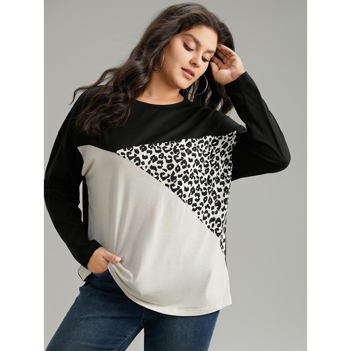 Plus Size Leopard Print Colorblock Patchwork T-shirt Black Women Casual Contrast Patchwork Round Neck Dailywear T-shirts BloomChic 26/4X Product Image