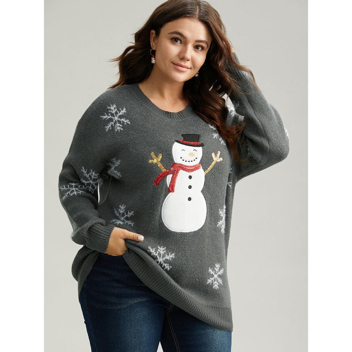 Plus Size Sequin Christmas Graphic Drop Shoulder Pullover DimGray Women Casual Loose Long Sleeve Round Neck Festival-Christmas Pullovers BloomChic 10/M Product Image