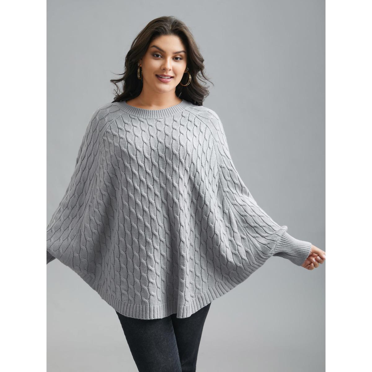 Plus Size Cable Knit Dolman Sleeve Curved Hem Pullover LightGray Women Casual Loose Long Sleeve Round Neck Everyday Pullovers BloomChic 28/5X Product Image