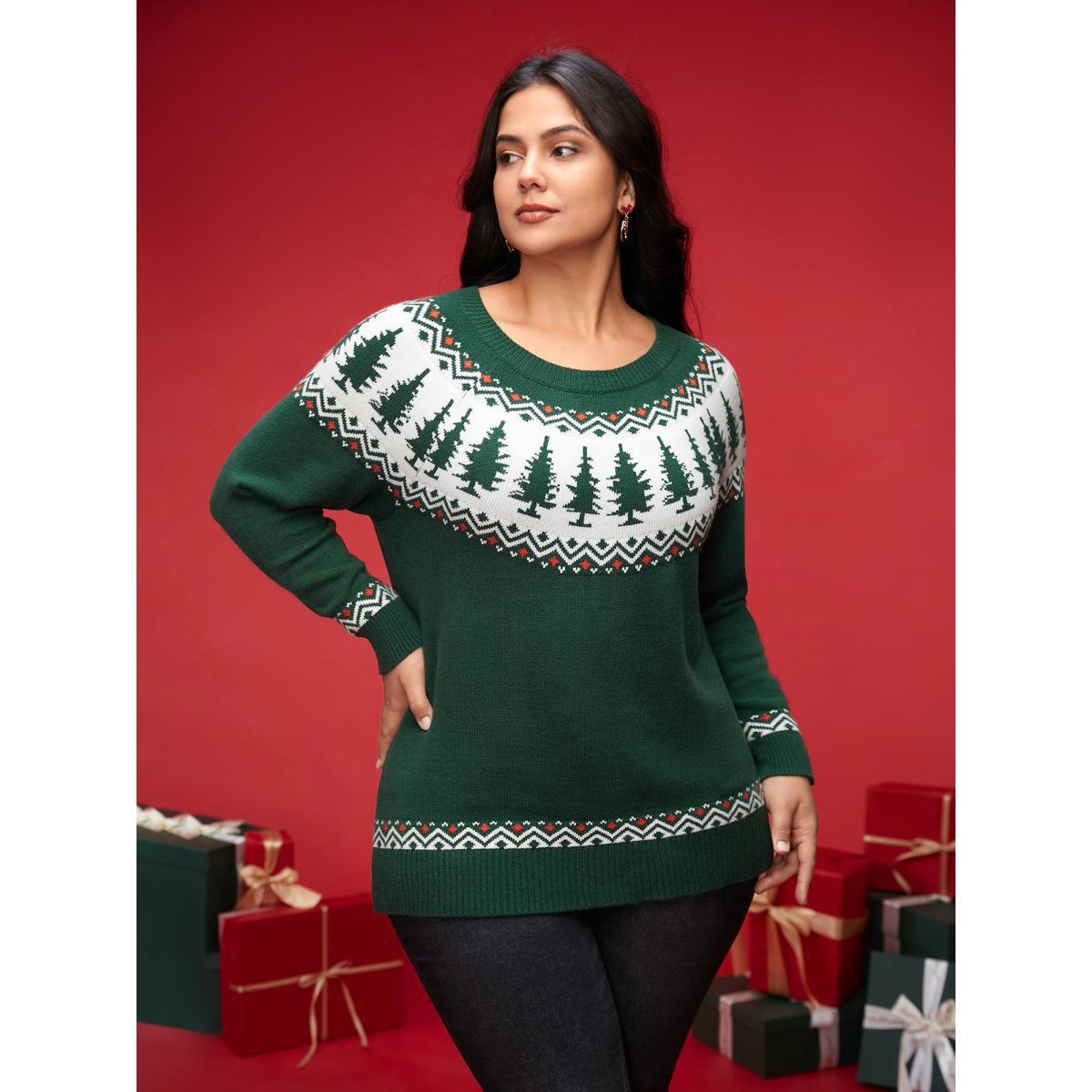 Plus Size Supersoft Essentials Festive Knit Pullover DarkGreen Women Casual Loose Long Sleeve Round Neck Everyday Pullovers BloomChic 22-24/3X Product Image