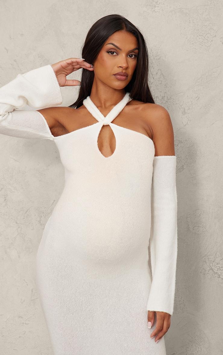 Maternity Cream Soft Knit Strappy Cut Out Maxi Dress Product Image