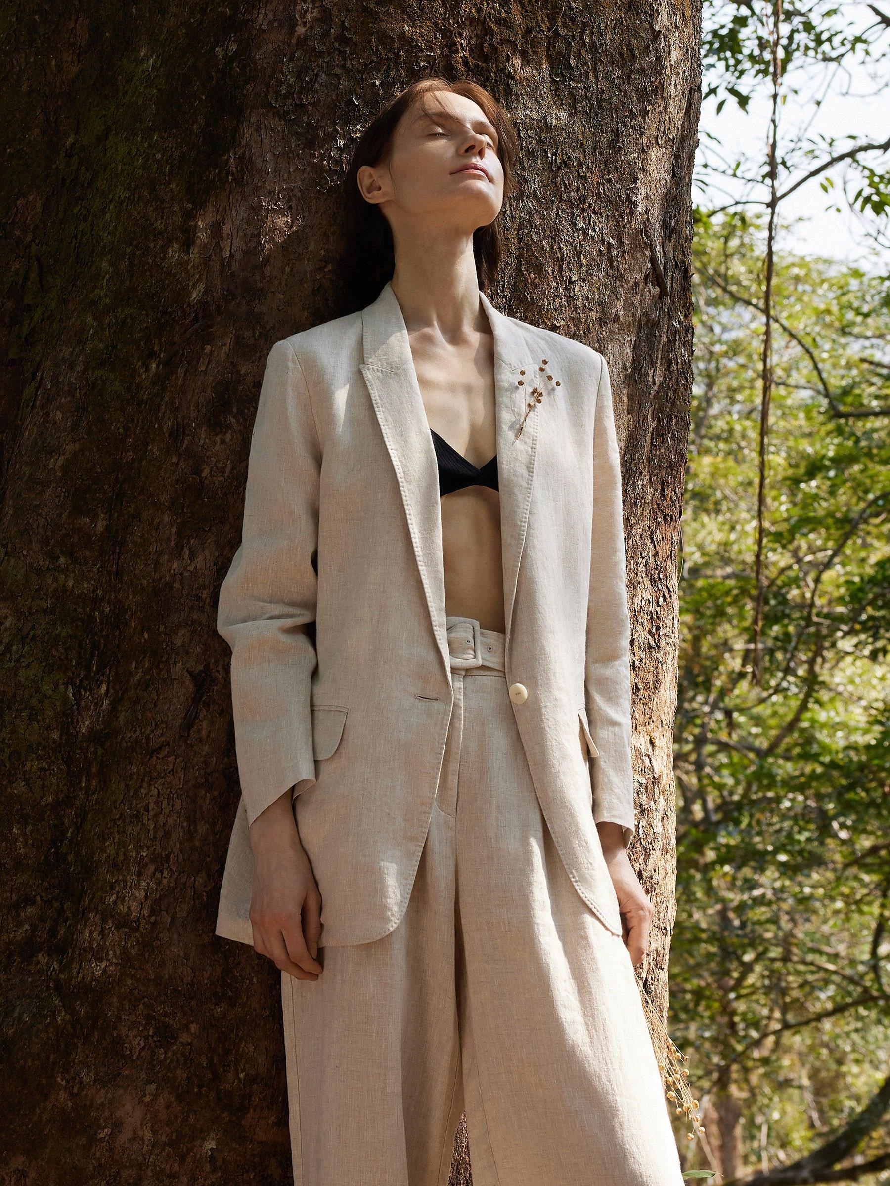 100% Linen Back Slit Women One Button Blazer Product Image