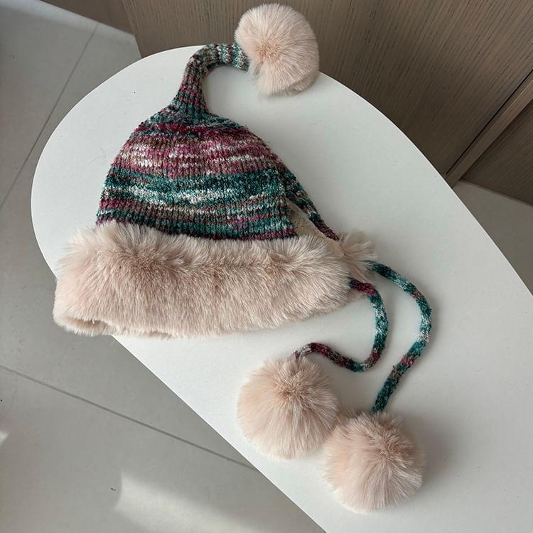 Striped Pom Pom Fluffy Trim Beanie Product Image