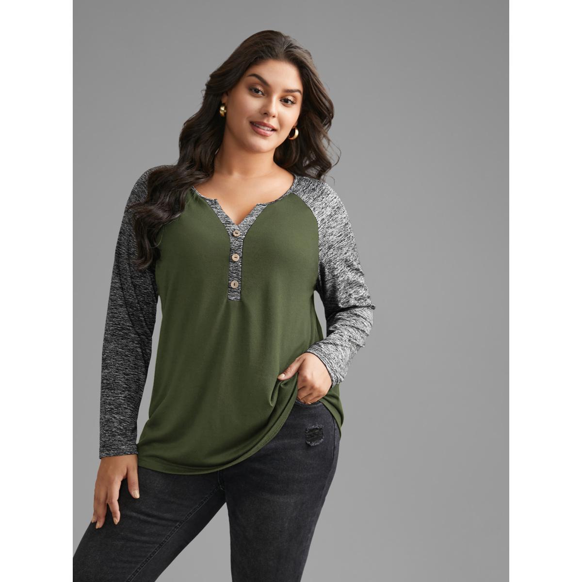 Plus Size Heather Patchwork Button Detail Stretchy T-Shirt ArmyGreen Women Casual Contrast Flat collar with V-notch Everyday T-shirts BloomChic 28/5X Product Image