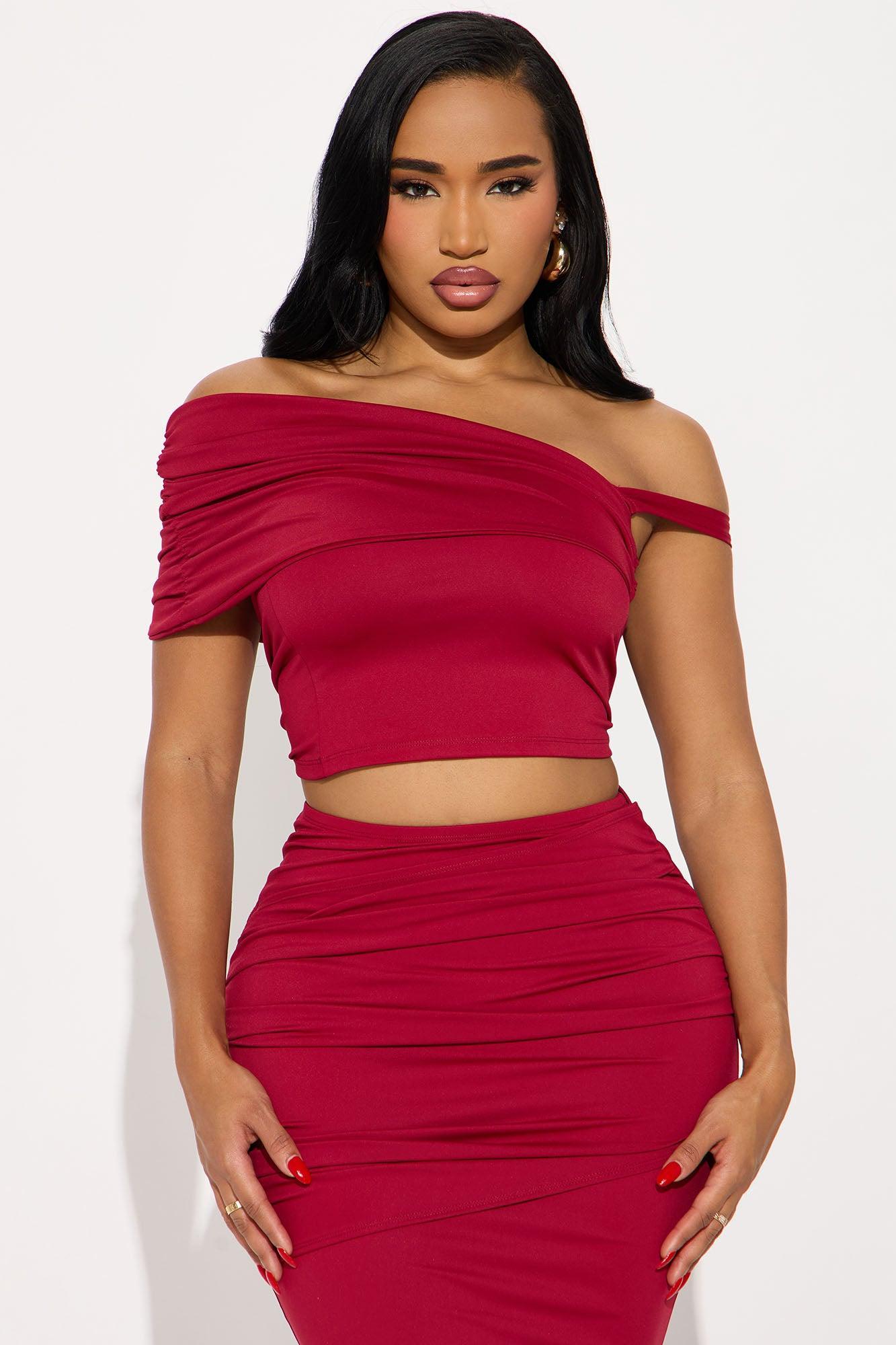 Pretty And Poised Off Shoulder Ruched Maxi Skirt Set - Wine Female Product Image