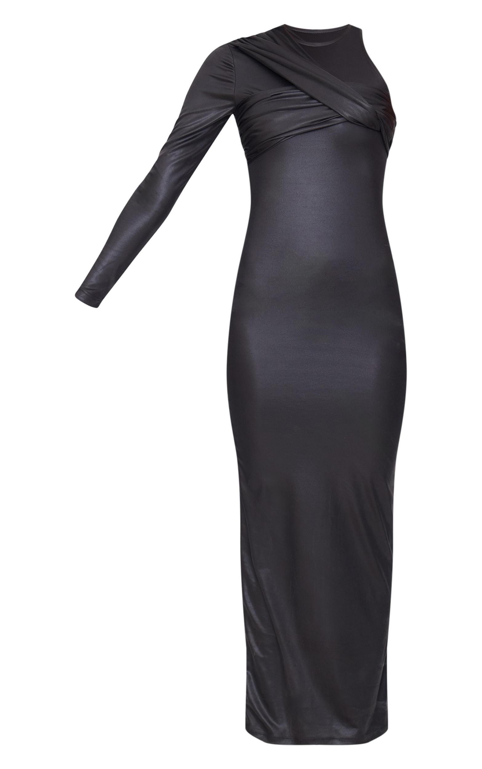 Black Foil Twist Detail One Sleeve Maxi Dress Product Image
