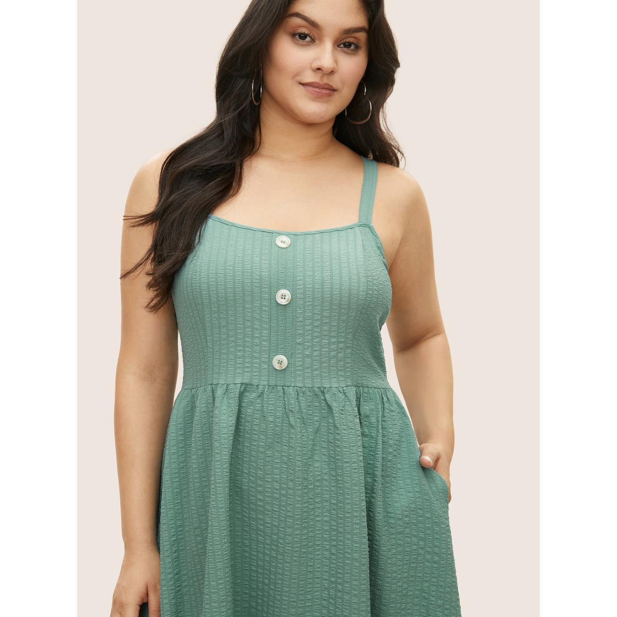 Plus Size Plain Texture Button Detail Cami Dress Teal Women Casual Texture Non Sleeveless Curvy Midi Dress BloomChic 14-16/1X Product Image