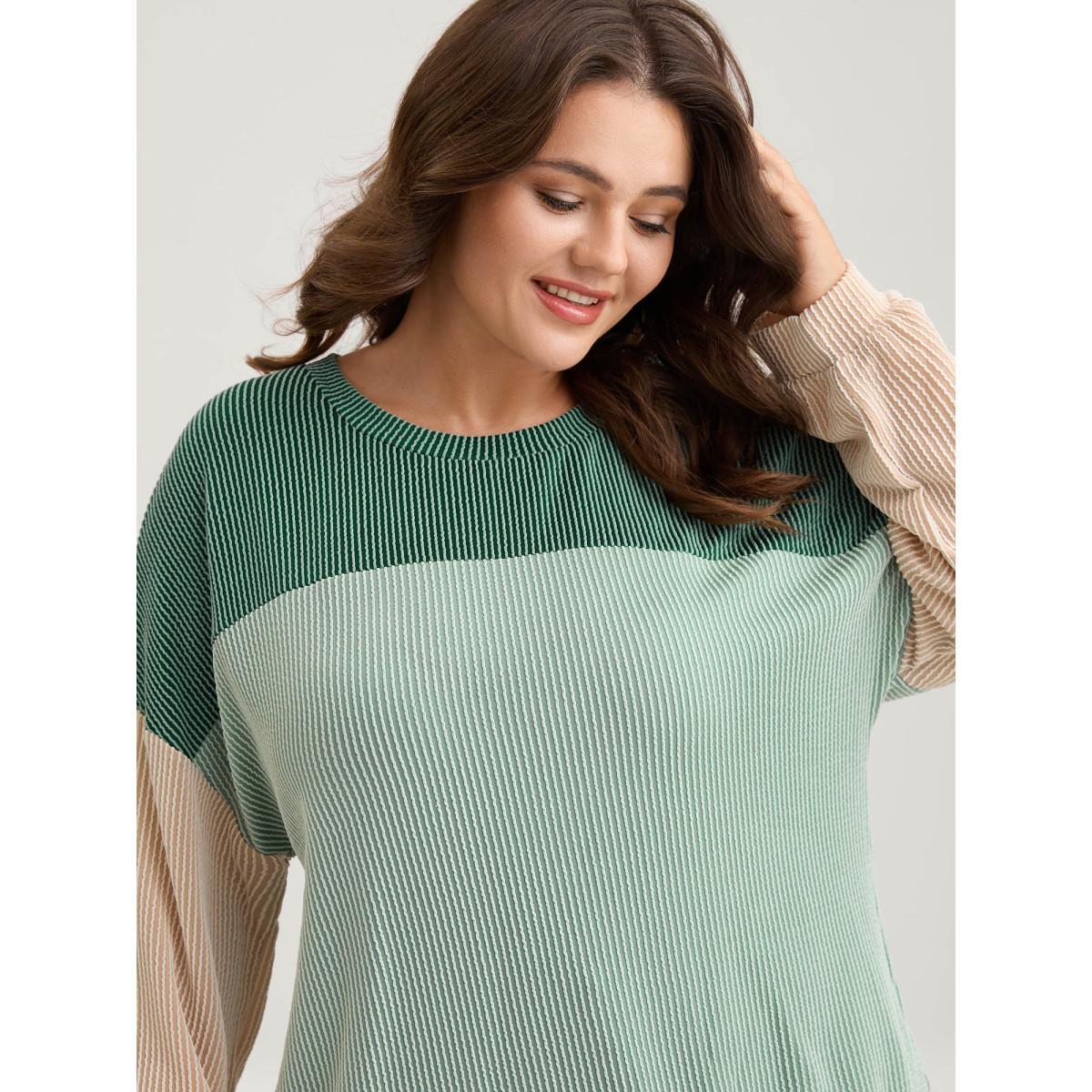 Plus Size Color Block Textured Drop Shoulder Sweatshirt Women Mint Round Neck Everyday-Casual Sweatshirts BloomChic 10/M Product Image