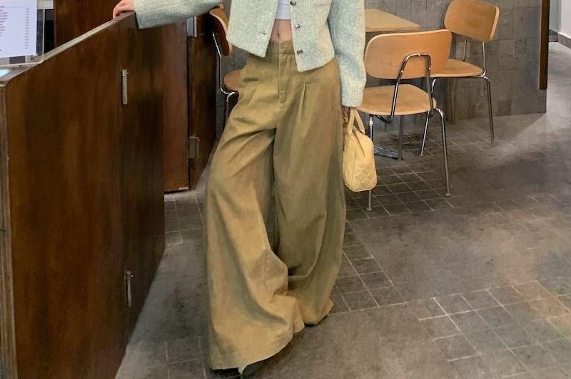 Round Neck Plain Cropped Tweed Jacket / Mid Rise Plain Wide Leg Pants Product Image