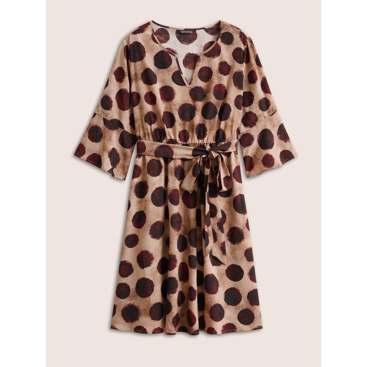 Plus Size Geometric Notched Bell Sleeve Belted Dress Russet Women At the Office Non Notched collar Elbow-length sleeve Curvy Midi Dress BloomChic 26/4X Product Image