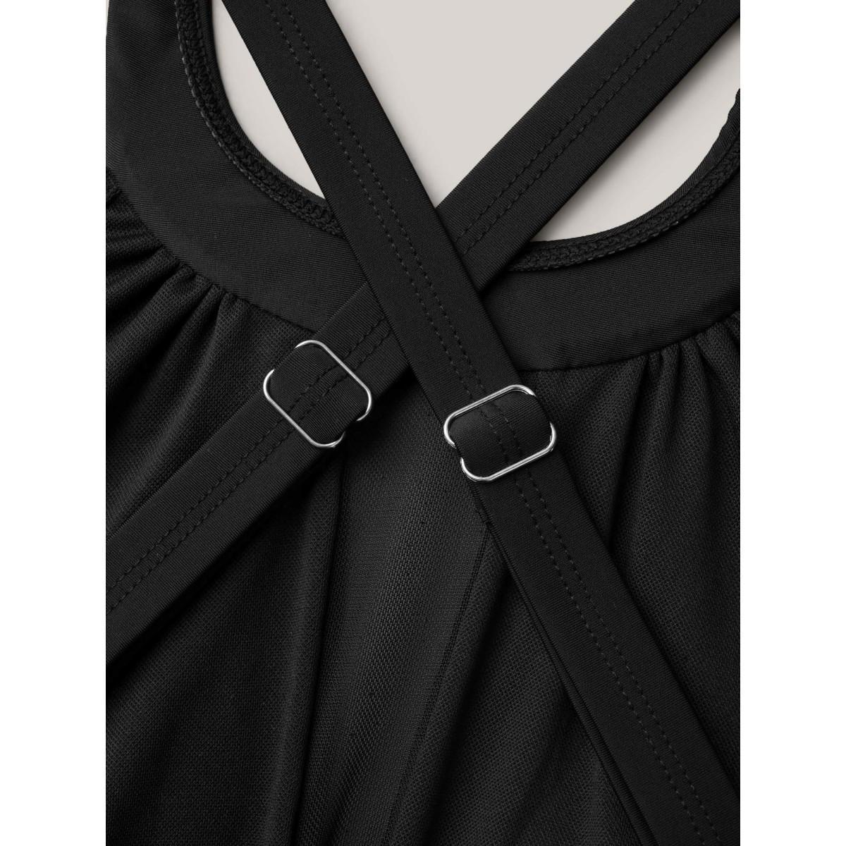 Plus Size Sheer Ruched Adjustable Straps Swim Top Women's Swimwear Black Beach Gathered High stretch Skinny Round Neck Curve Swim Tops BloomChic 22-24/3X Product Image