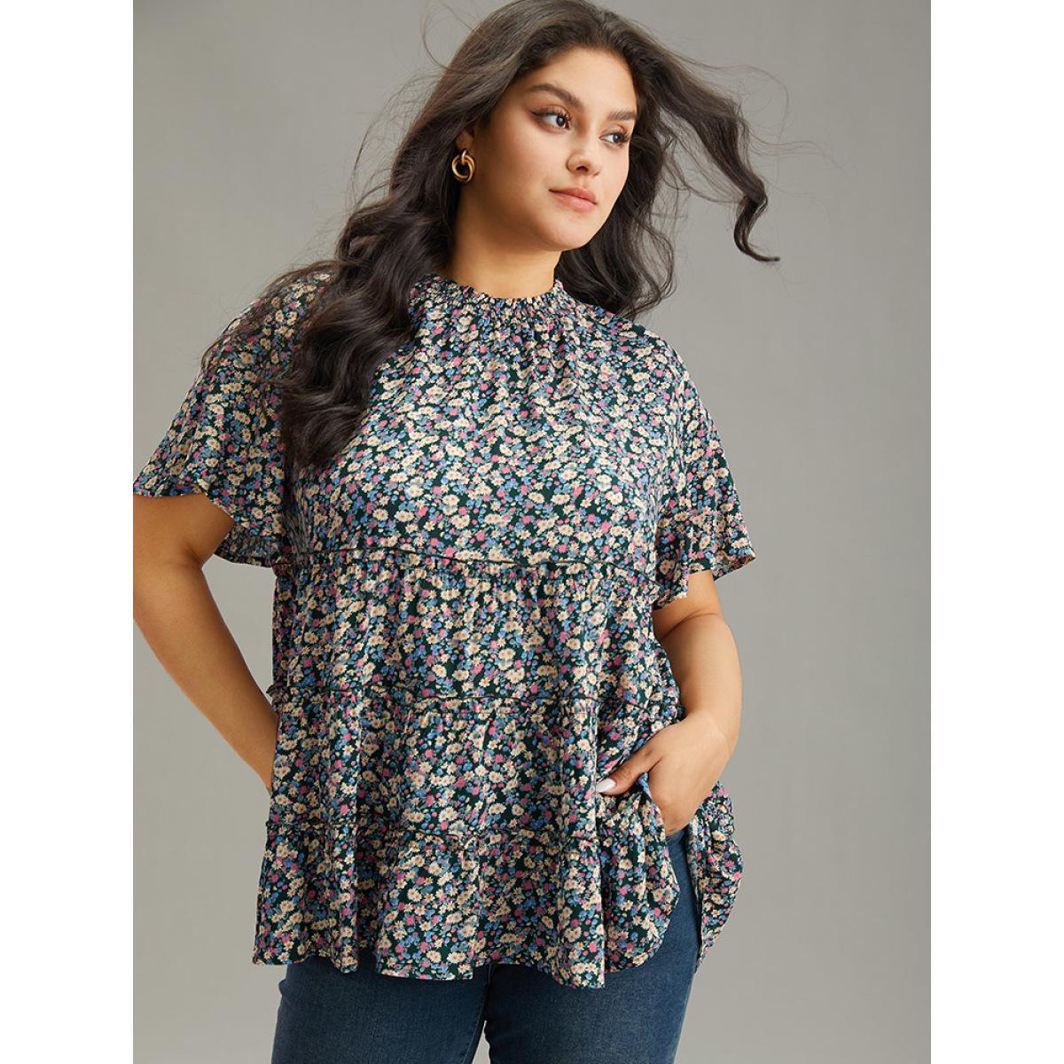 Plus Size DarkGreen Ditsy Floral Frill Trim Shirred Mock Neck Blouse Women Elegant Short sleeve Halter neck Dailywear Blouses BloomChic 12/L Product Image