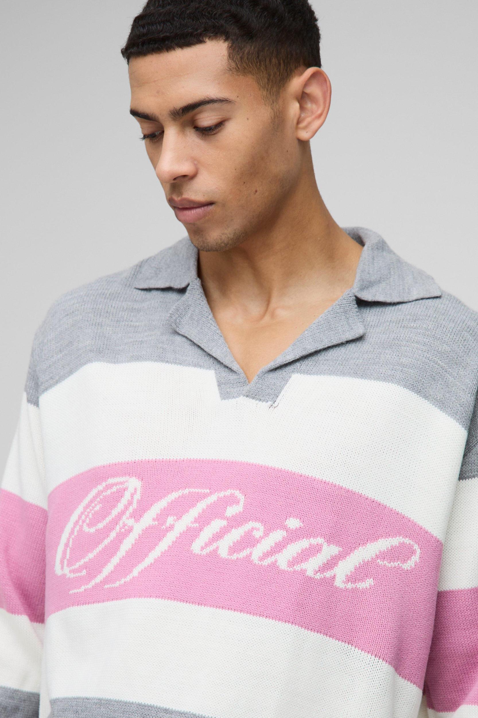 Official Oversized Revere Colour Block Knitted Polo Sweater | boohooMAN USA Product Image