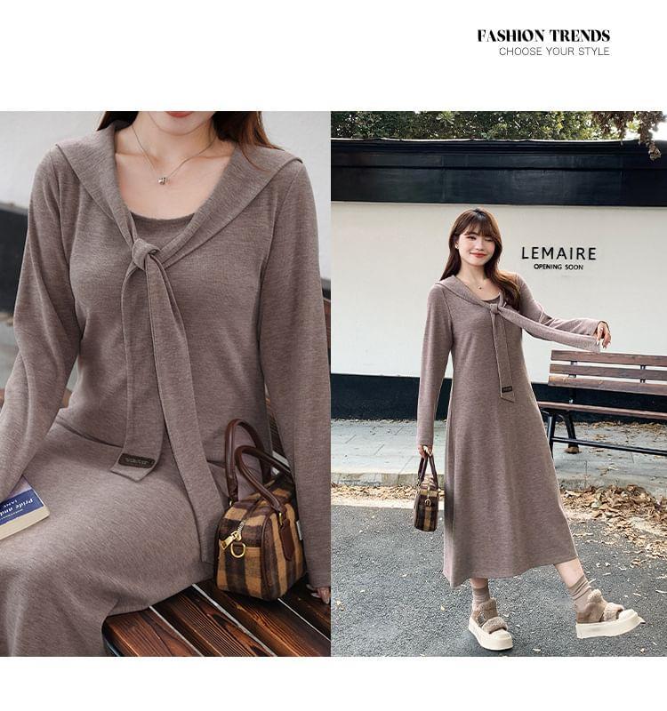 Long-Sleeve Tie-Neck Plain Midi A-Line Dress Product Image