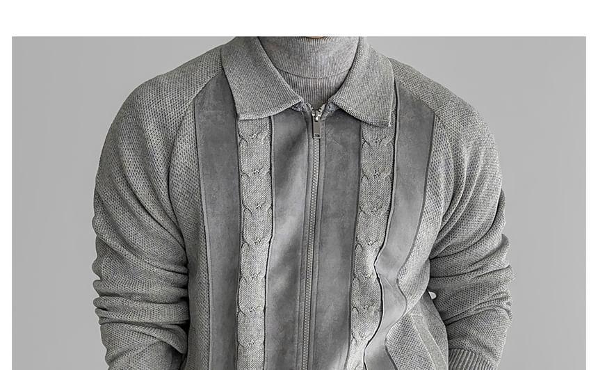 Collared Striped Cable Knit Zip Cardigan Product Image