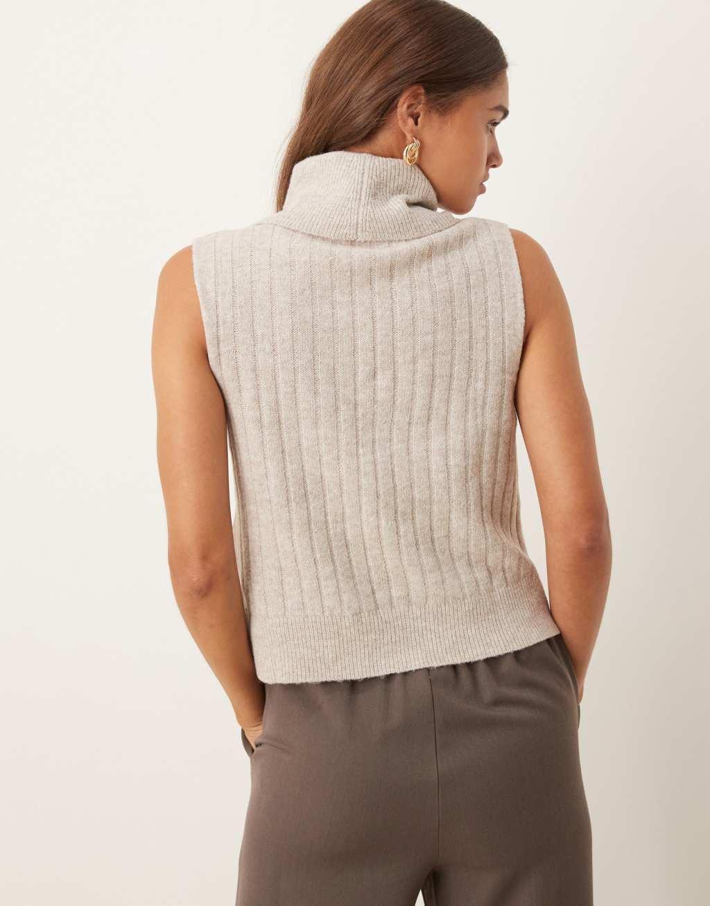 Vila ribbed high neck knit vest in natural melange Product Image