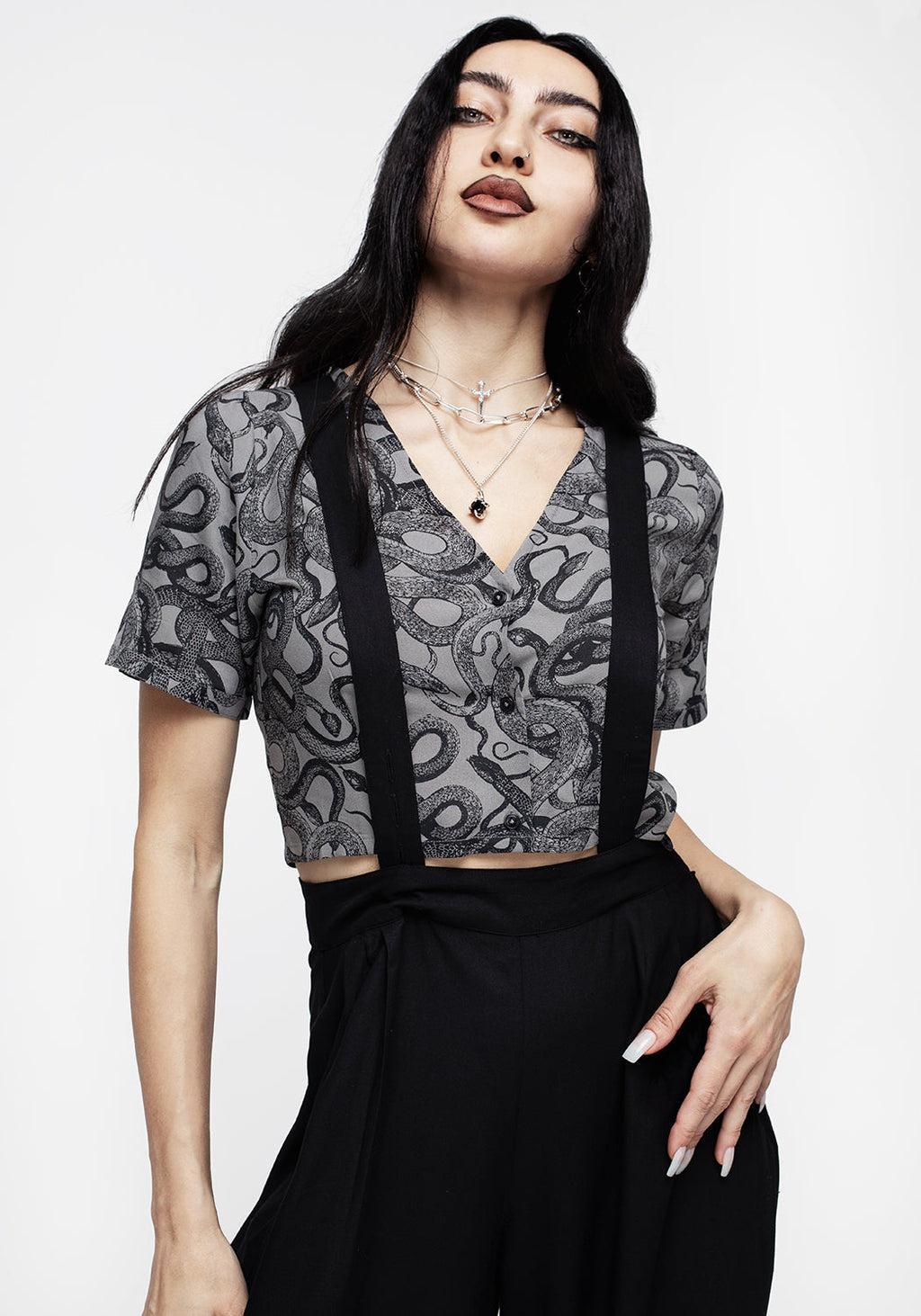 Ophidia Snakes Print Button Down Crop Top - Grey Product Image