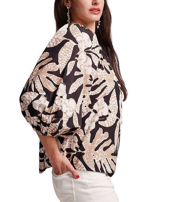 FRANCES VALENTINE Bliss Sketchy Jungle Print Elastic Crew Neck 3/4 Sleeve Top Product Image