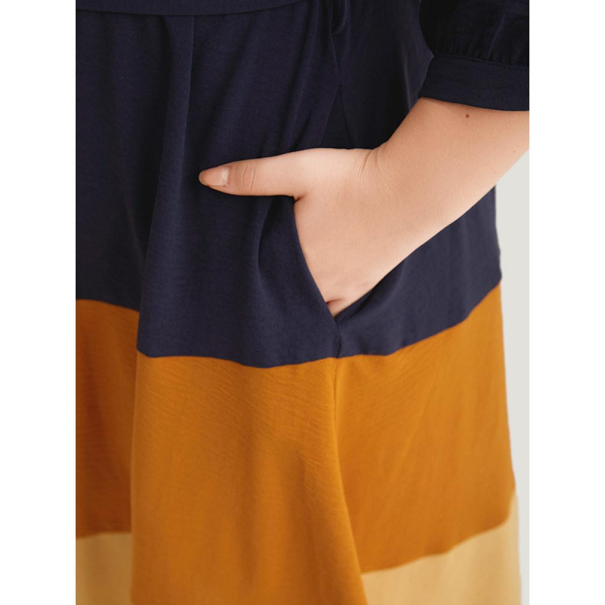 Plus Size Colorblock Contrast Metal Detail Lantern Sleeve Dress Midnight Women Casual Gathered Round Neck Elbow-length sleeve Curvy Midi Dress BloomChic 18-20/2X Product Image