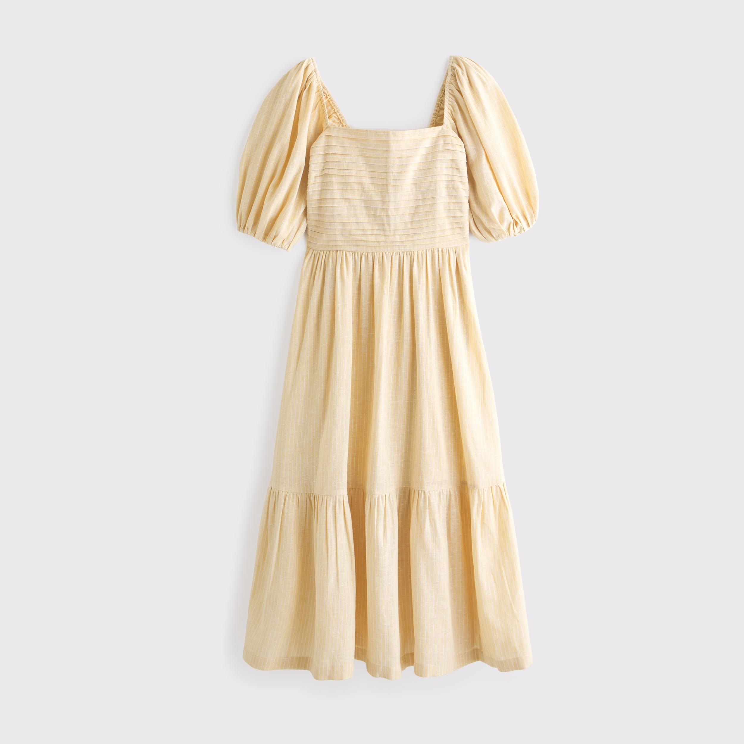 The A&F Emerson Linen-Blend Puff Sleeve Midi Dress Product Image