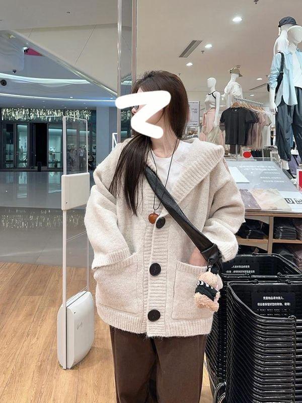 Plain Hooded Button-Up Cardigan Product Image