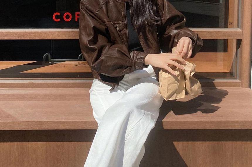 Faux Leather Zip-Up Crop Jacket Product Image