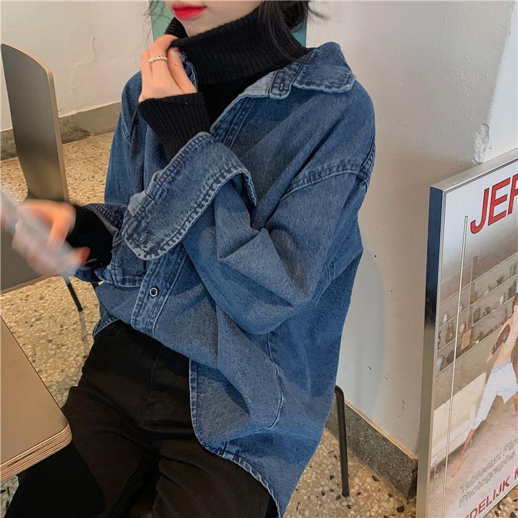Washed Button-Up Denim Jacket Product Image