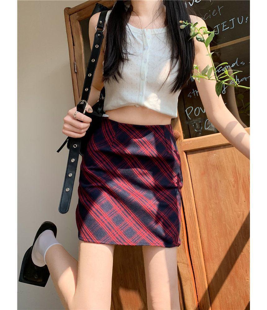 High Waist Plaid Mini Pencil Skirt Product Image