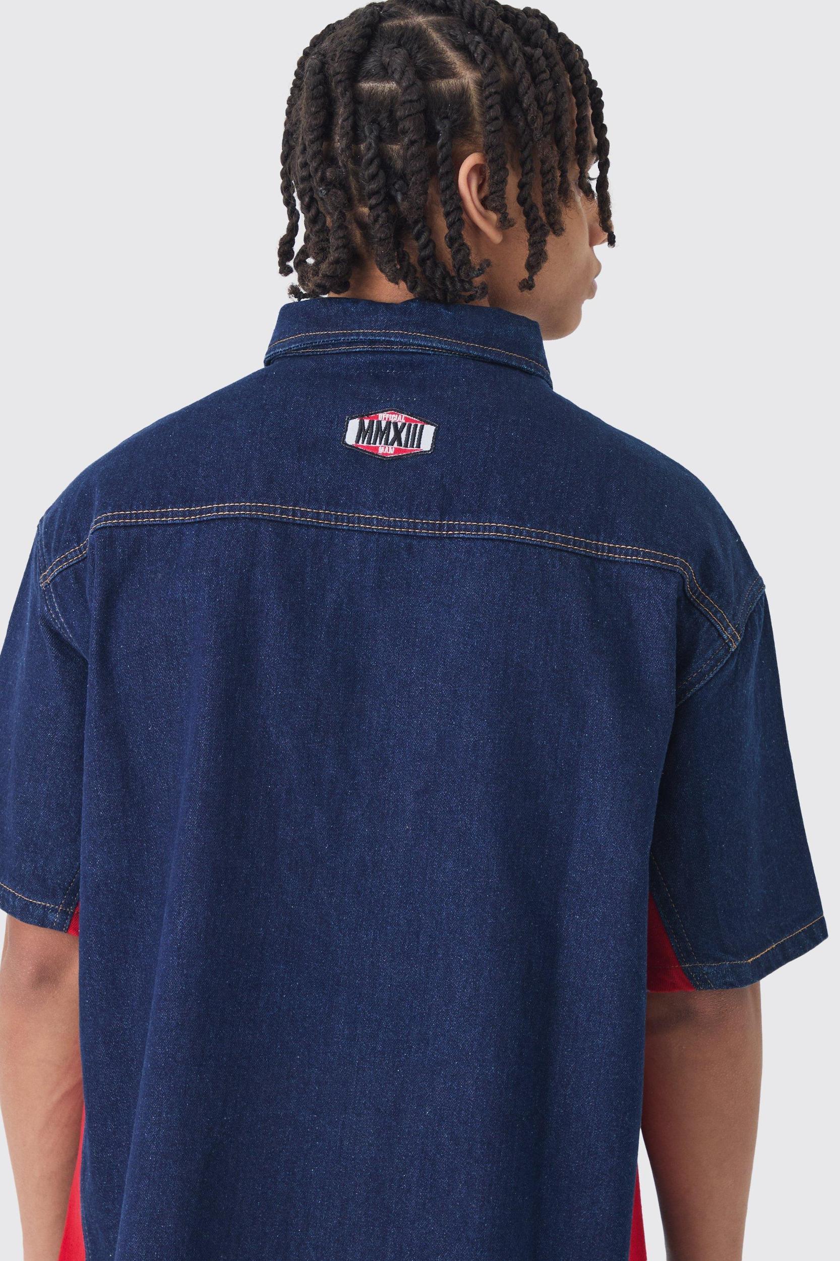 Oversized Zip Through Badge Denim Shirt | boohooMAN USA Product Image