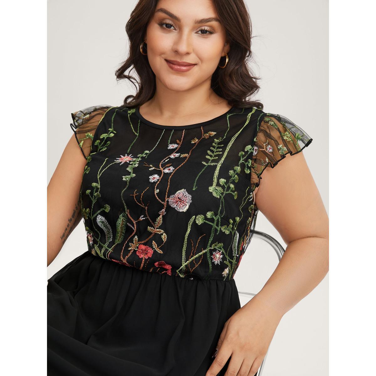 Plus Size Mesh Floral Embroidery Midi Dress Black Women Round Neck Cap Sleeve Curvy BloomChic 14-16/1X Product Image