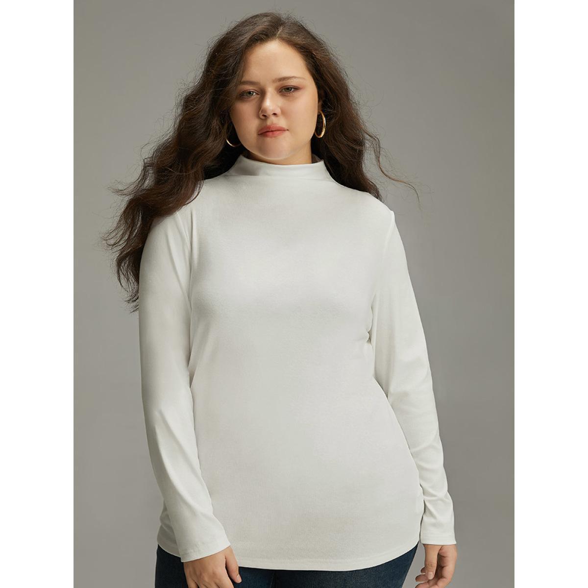 Plus Size Cotton Solid Mock Neck T-shirt White Women Casual Plain Plain Mock Neck Dailywear T-shirts BloomChic 18-20/2X Product Image