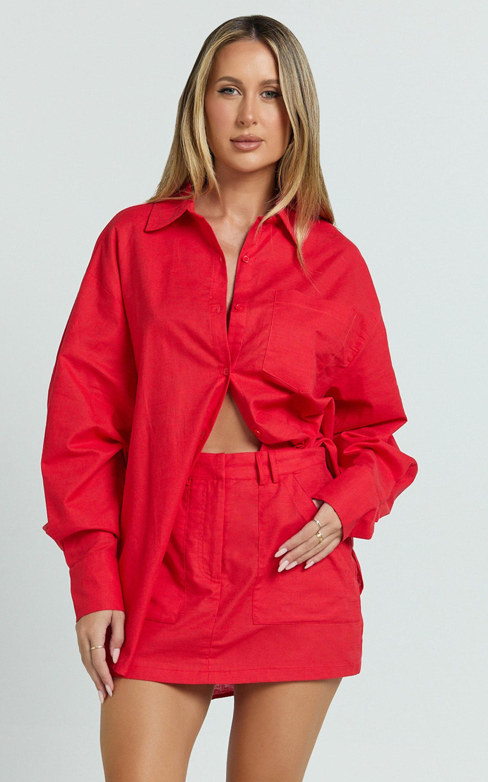 Dream Linen Blend Skort - High Waisted A Line Skort in Red Product Image