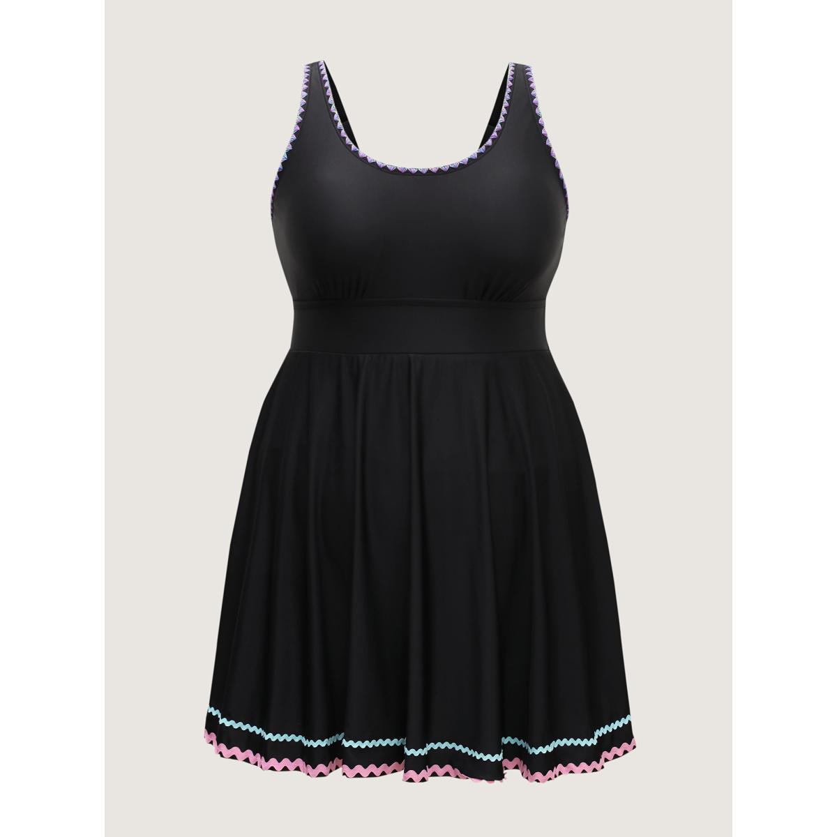 Plus Size Colorful Ribbon Shell Embroidery Swim Dress Women's Swimwear Black Beach Bodycon U-neck High stretch Curve Swim Dresses BloomChic 28/5X Product Image