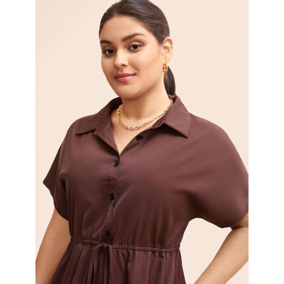 Plus Size Shirt Collar Batwing Sleeve Drawstring Dress Browncoffeecolor Women At the Office Drawstring Shirt collar Short sleeve Curvy BloomChic 14-16/1X Product Image