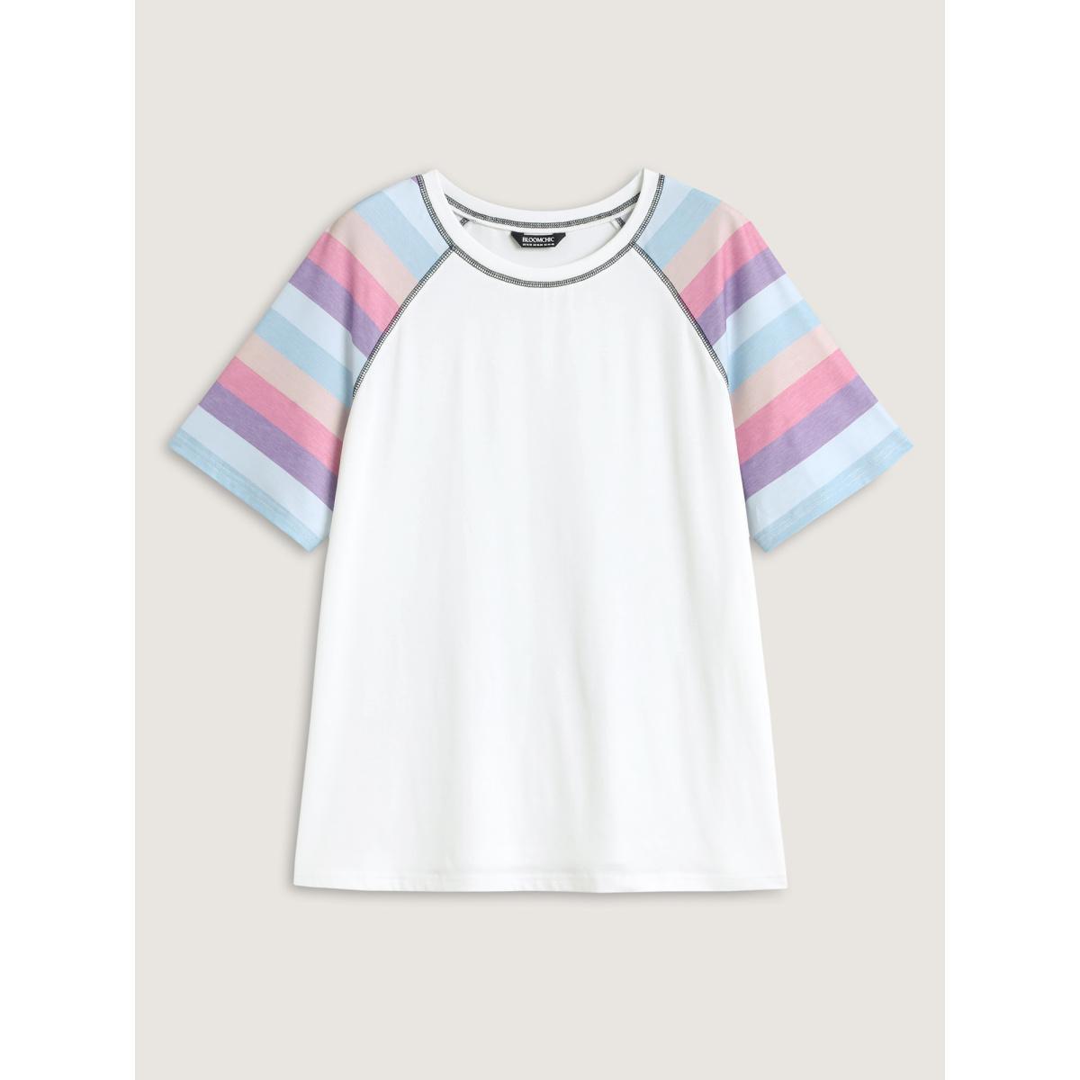 Plus Size Colorful Stripes Raglan Sleeve T-Shirt Originalwhite Women Topstitching Round Neck Everyday-Casual T-shirts BloomChic 28/5X Product Image