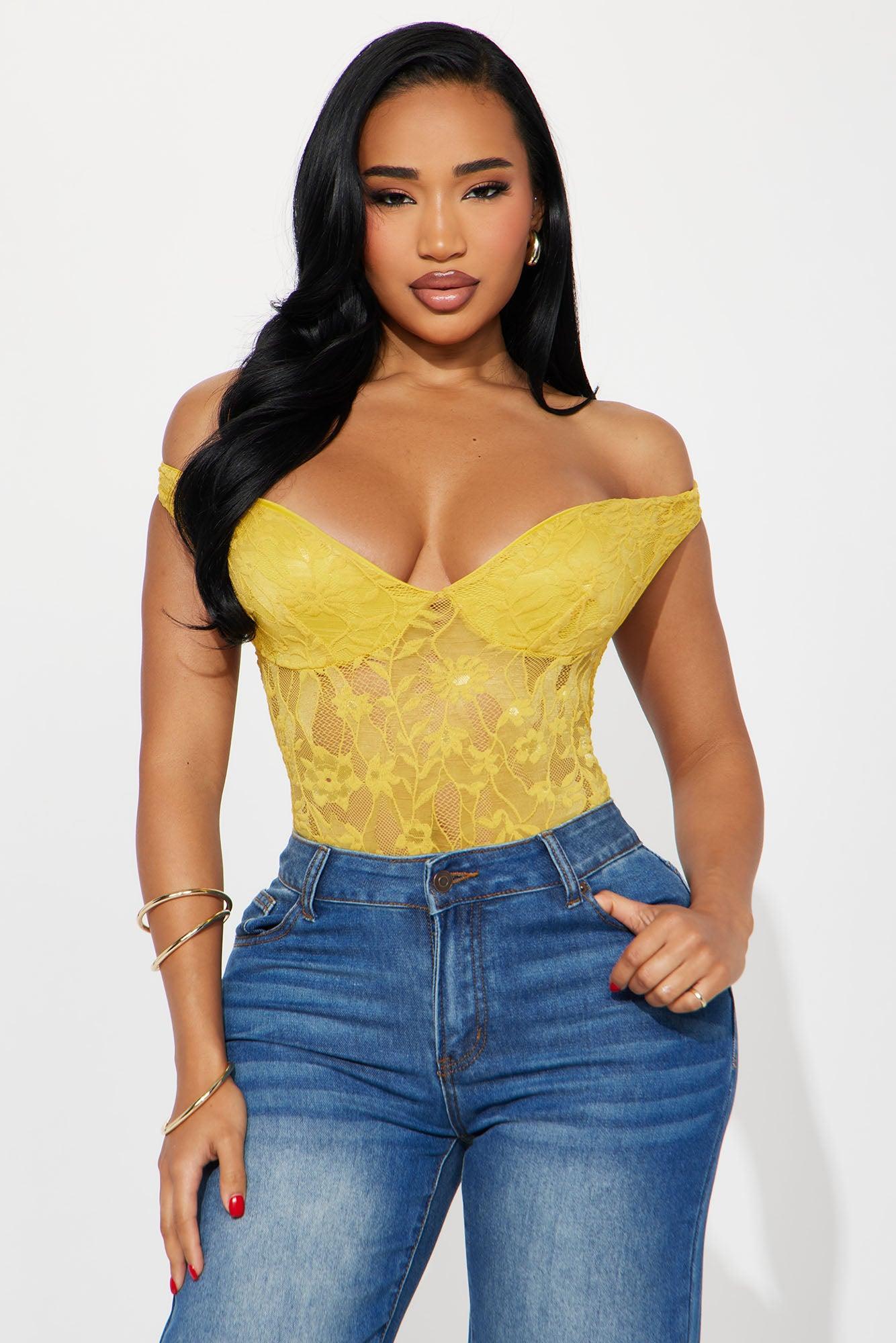 Scenic Route Off Shoulder Lace Bodysuit - Mustard Female Product Image