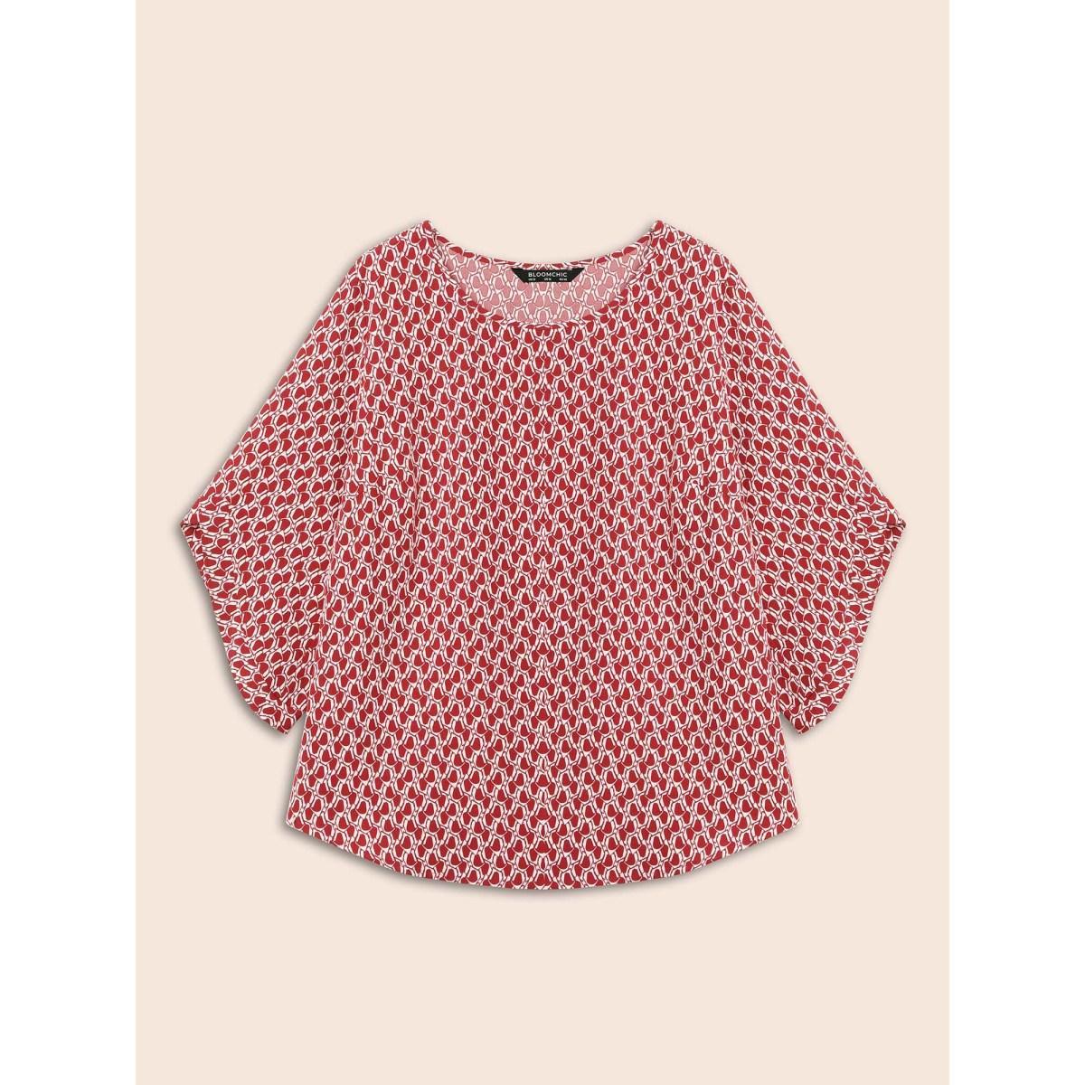 Plus Size Scarlet Geometric Round Neck Bell Sleeve Blouse Women At the Office Three Quater Length Sleeve Round Neck Work Blouses BloomChic 22-24/3X Product Image