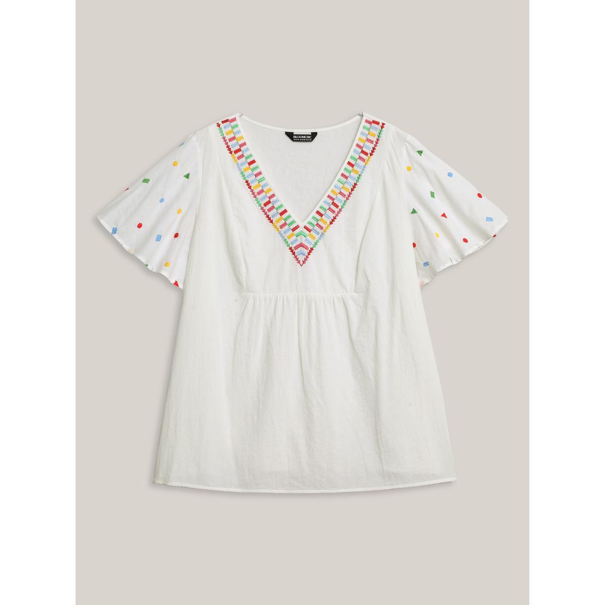 Plus Size Originalwhite Cotton Colorful Embroidery V-Neck Solid Blouse Women Short sleeve V-neck Everyday-Casual Blouses BloomChic 18-20/2X Product Image