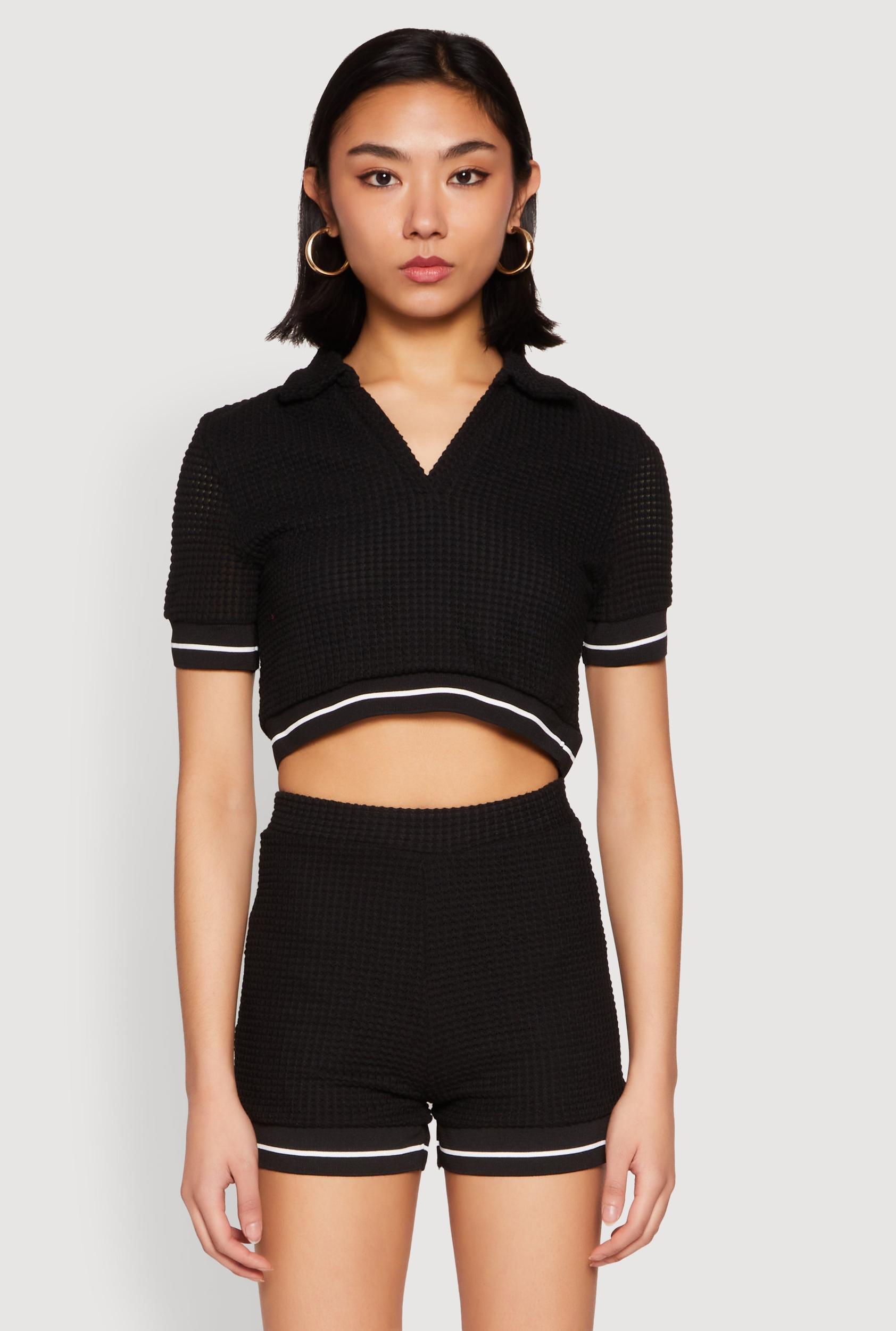 Womens Textured Knit Polo Crop Top Product Image