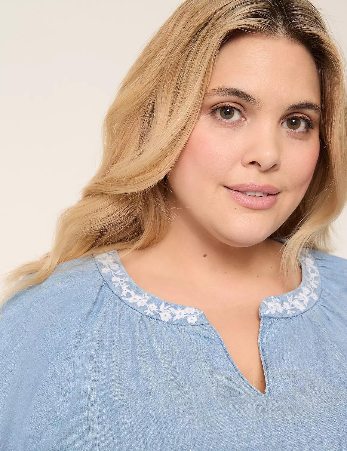 Embroidered Chambray Flutter-Sleeve Dress Product Image