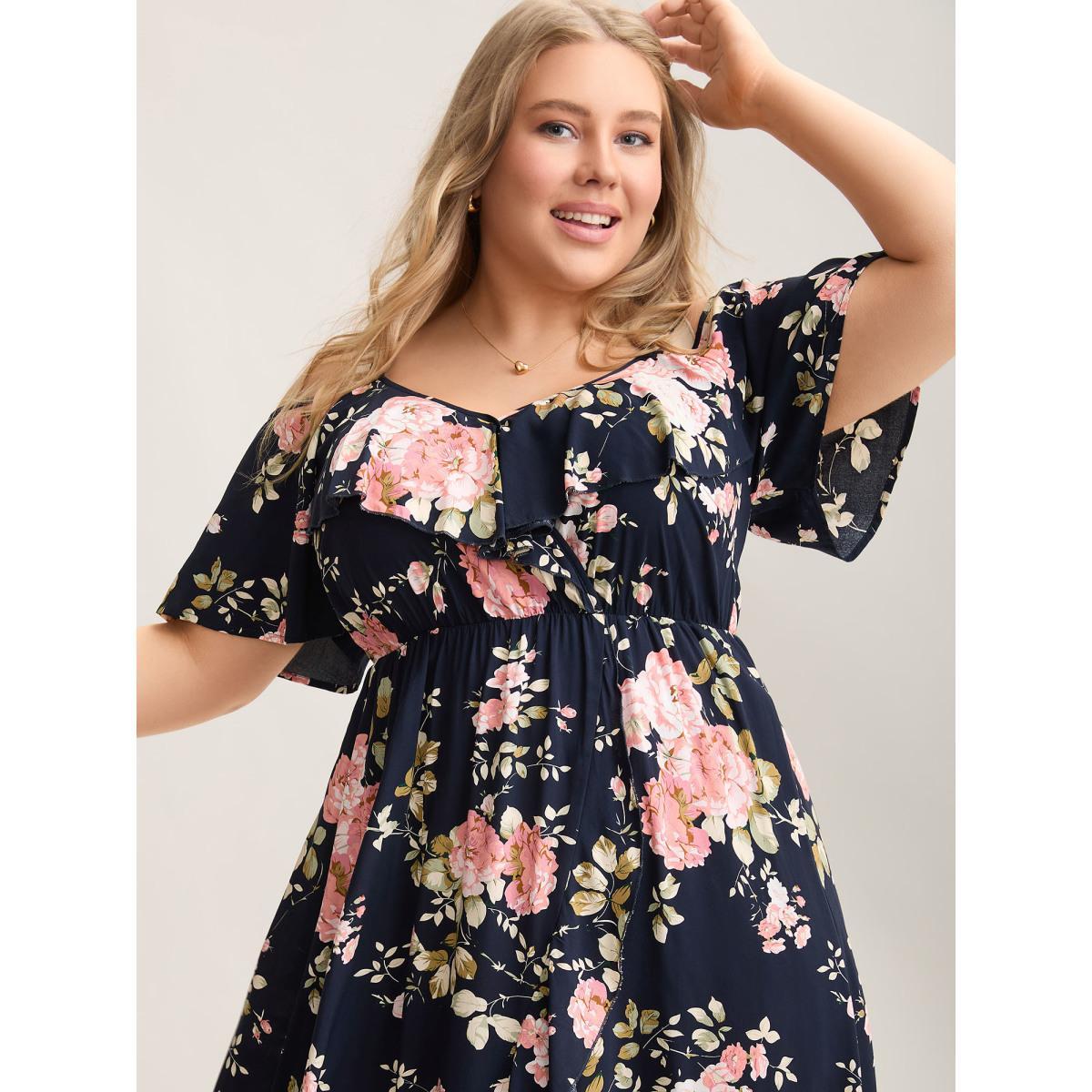 Plus Size Ruffled Neck Off-Shoulder Floral Midi Dress Navy Women Elegant Ruffles V-neck Short sleeve Curvy BloomChic 26/4X Product Image